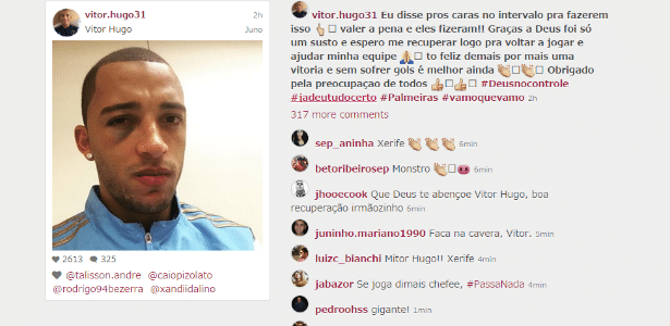 Reprodução do Intagram do zagueiro Vitor Hugo, do Palmeiras, que para por uma semana