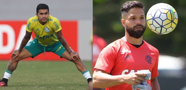 Fotomontagem/Cesar Greco/Ag Palmeiras/Divulgação e Gilvan de Souza/Flamengo Dudu, do Palmeiras, e Diego, do Flamengo: briga pela ponta continua firme