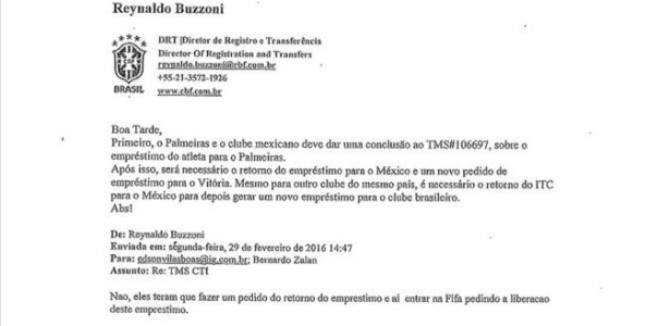 Troca de e-mails entre CBF e Vitória que foi anexada pelo Inter à petição