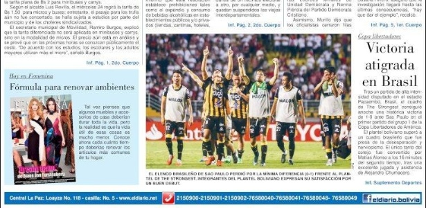 Jornal 'El Diario' deu destaque secundário em sua capa à vitória do time boliviano