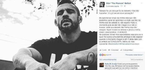 Reprodução/Facebook Vitor Belfort postou mensagem de desabafo em rede social após derrota para Jacaré
