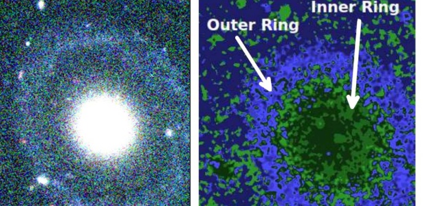 6.jan.2017 - Imagem da nova galáxia, com um núcleo e dois anéis