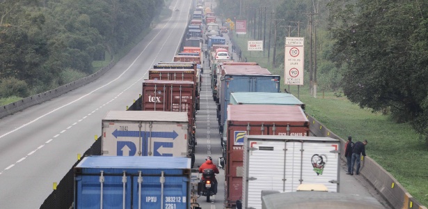 Veículos parados na rodovia Anchieta, do km 35 ao 55, devido ao decreto da Prefeitura de Cubatão (SP)