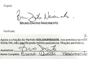 Reprodução do jornal "O Globo" mostra assinatura feita por Bruno Dantas e outra falsificada