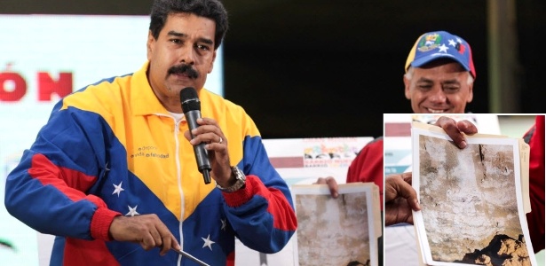 Maduro mostra suposta imagem do rosto do ex-presidente Hugo Chávez (ampliada no destaque à direita)