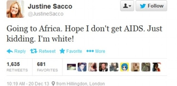 Reprodução do tuíte de Justine Sacco que diz que ela vai para a África espera não pegar aids