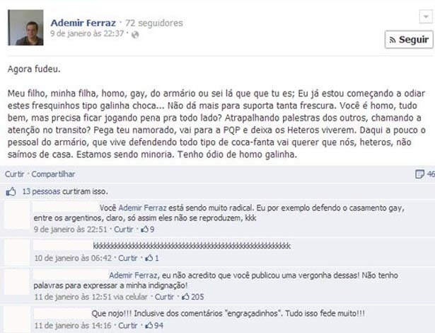 Reprodução/Facebook Publicação do professor no Facebook