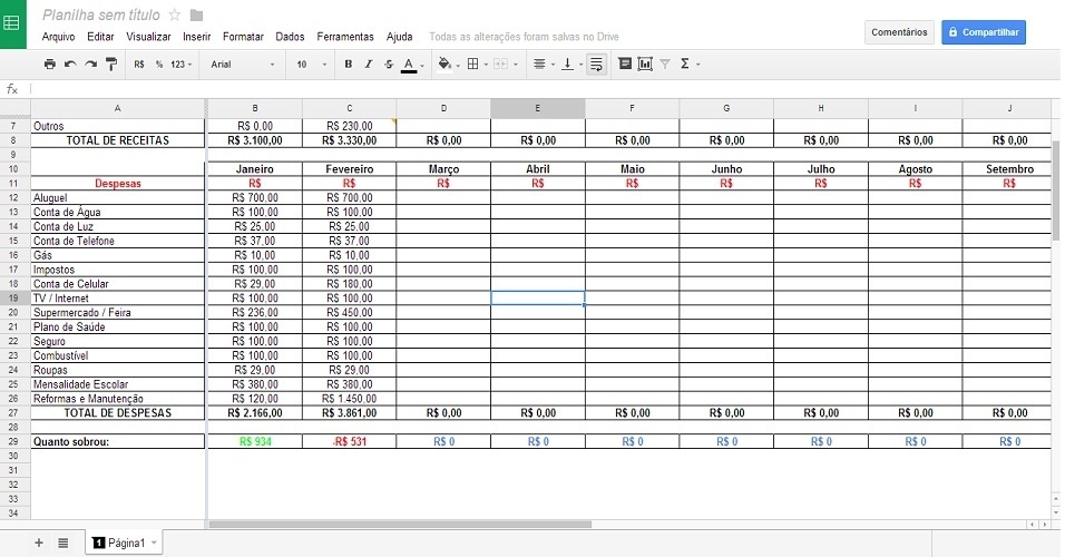 Planilha de gastos ferramenta do Google permite atualização online das