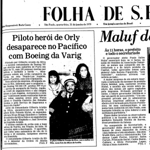 Capa da Folha de S.Paulo noticia o desaparecimento do avião da Varig em janeiro de 1979