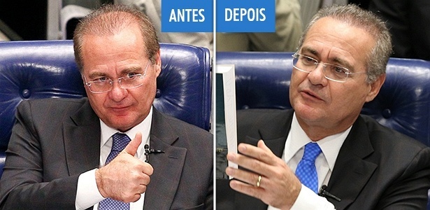 Fotos de dezembro de 2013 (esq.) e abril de 2014 (dir.) mostram a evolução do implante capilar do senador Renan Calheiros