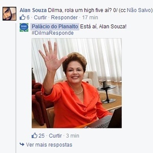 No Facebook, Dilma atendeu a pedido e cumprimentou internauta com um 'high five' 