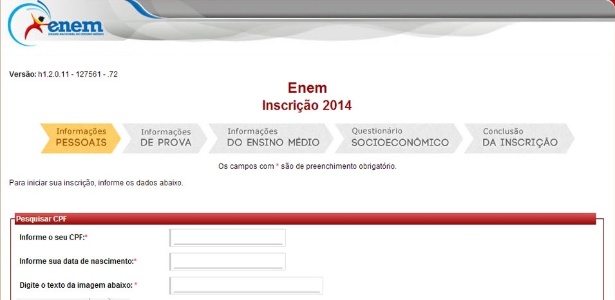 Tela inicial para inscrição no Enem 2014