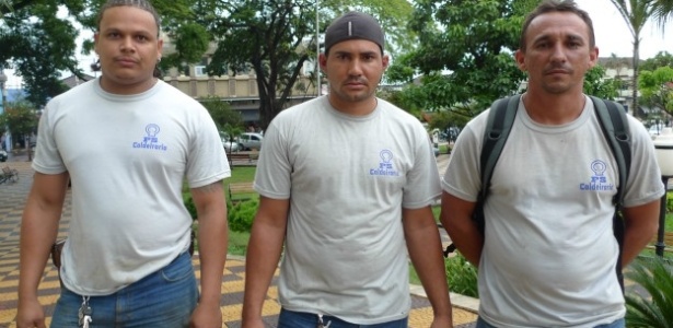 Da esquerda à direita, os operários Rafael Rocha Gomes, José Edval da Silva e Evaldo Barbosa Araújo, que disseram ter sido submetidos a maus-tratos na construção da usina Biocom, da construtora Odebrecht