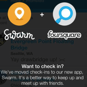 Mensagem de alerta no Foursquare informa que usuário tem de baixar o Swarm para fazer check-ins