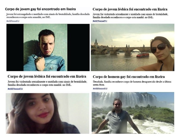 Reprodução Em campanha, participantes colocam fotos de si próprios em notícias de crimes homofóbicos, que aumentaram no Brasil nos últimos anos