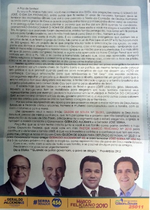 Panfleto distribuído via correio pelo candidato Marco Feliciano (PSC) associa imagem de Alckmin e Serra (PSDB) a mensagens homofóbicas; Alckmin aprovou lei anti homofobia em SP em 2001
