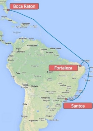 Mapa disponibilizado pelo Google mostra caminho de fibra óptica que conectará Santos e Fortaleza ao Estado da Flórida, nos EUA