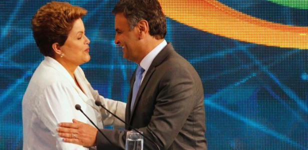 Dilma Rousseff e Aécio Neves durante debate Band nesta terça-feira (14)