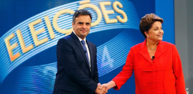 Aécio Neves (PSDB) e Dilma Rousseff (PT) se cumprimentam durante debate
