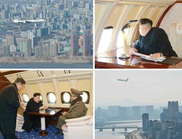 15.fev.2015 - Montagem divulgada pelo jornal "Rodong Sinmun", do Partido dos Trabalhadores Norte-Coreanos, mostra Kim Jong-un com assessores e seu novo avião sobrevoando Pyongyang, na Coreia do Norte