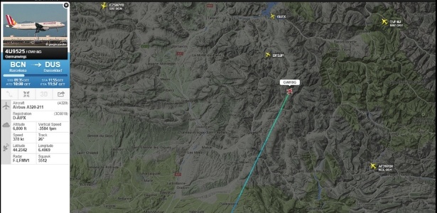 24.mar.2015 - Última posição do voo da Germanwings que caiu nos Alpes, no Sul da França