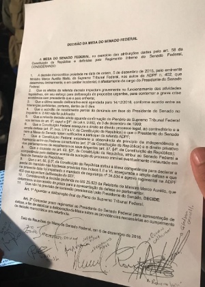 Carta da Mesa Diretora do Senado em decisão a favor de Renan Calheiros