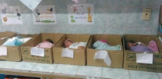 Bebs em caixas no Hospital Domingo Guzmn, em Anzotegui, na Venezuela