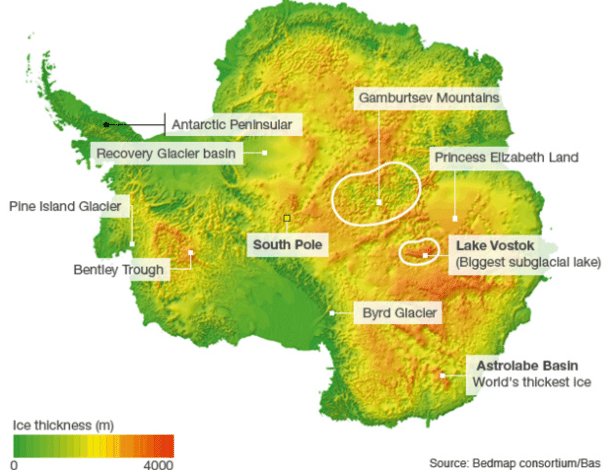 Mapa ilustra região onde um desconhecido sistema de cânions pode estar na Antártida