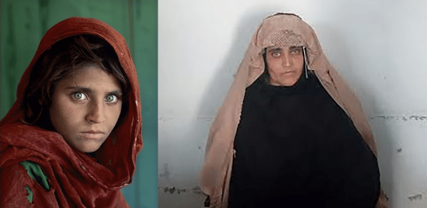 Sharbat Gula em foto icônica (esq.) que foi capa da National Geographic e em imagem divulgada pela Agência de Investigação Federal do Paquistão (FIA), ao ser presa no dia 26 de outubro de 2016