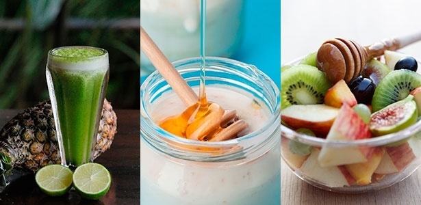 Suco verde, iogurte natural com mel e salada de frutas são opções saudáveis de lanches