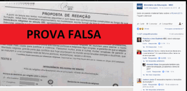 O anúncio sobre a prova falsa publicado ano passado na fanpage oficial do MEC