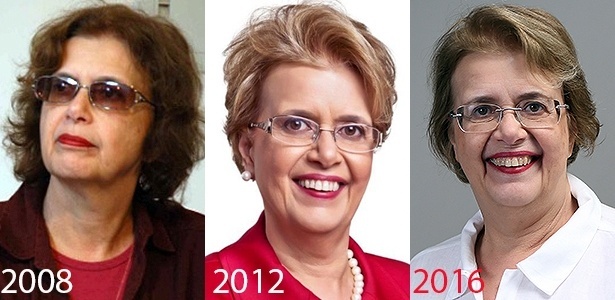 A candidata à Prefeitura de Juiz de Fora (MG) Margarida Salomão (PT) em 2008, 2012 (quando ficou parecida com Dilma) e em 2016