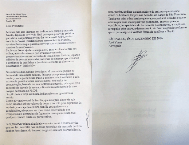 Carta de demissão de José Yunes entregue a Temer