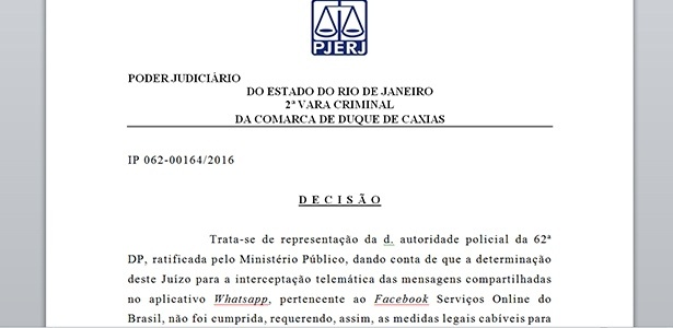Decisão da juíza DANIELA BARBOSA ASSUMPÇÃO DE SOUZA que pede o bloqueio do WhatsApp