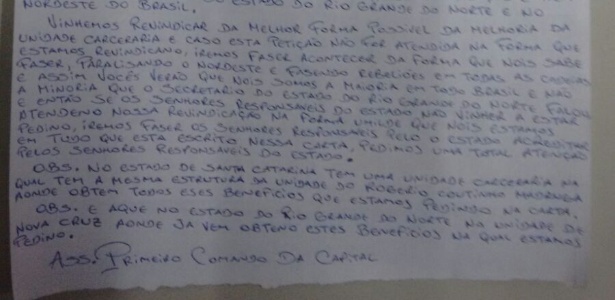 Carta assinada pelo PCC exige melhorias para presidiários do Rio Grande do Norte