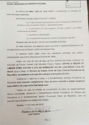 Despacho do juiz federal Itagiba Catta Preta Neto que concedeu liminar que suspende a nomeação de Luiz Inácio Lula da Silva como ministro-chefe da Casa Civil.