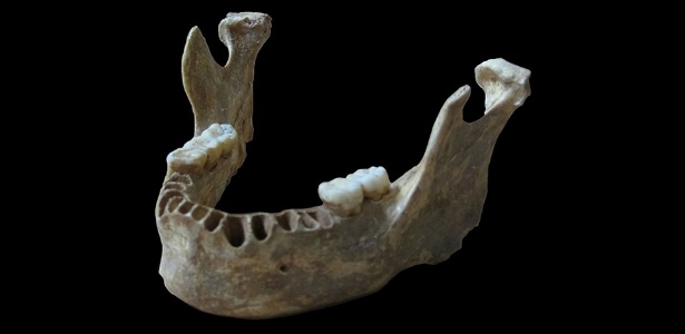 Imagem de mandíbula encontrada na Romênia de um homem que viveu há cerca de 40 mil anos é exibida pelo Instituto Max Planck de Antropologia Evolucionária de Leipzig, na Alemanha