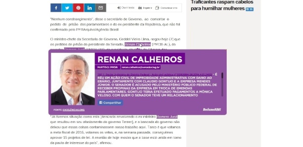 Extensão marca de roxo nomes de políticos envolvidos em ações judiciais, como Renan Calheiros e Romero Jucá