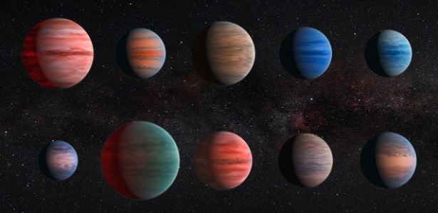 Representação dos dez "Jupíteres quentes" estudados através de dados coletados pelo Hubble e Spitzer