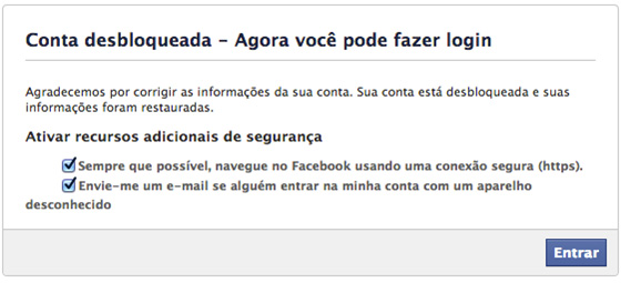 Conta desbloqueada - Agora você pode fazer login