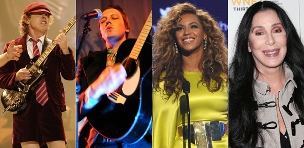 As bandas AC/DC e Arcade Fire, e as cantoras Beyonce e Cher (da esq. para a dir.)