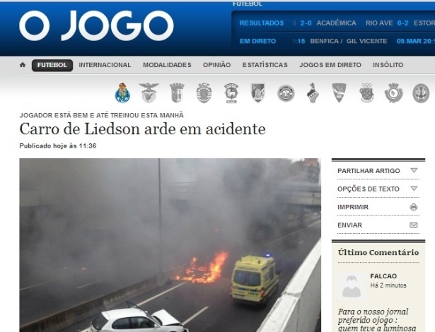 Carro de Liedson pega fogo após acidente em Portugal, mas jogador sai ileso