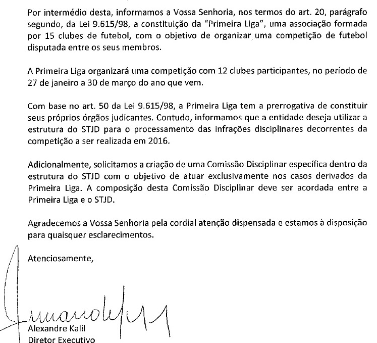 Cópia da carta consulta da Primeira Liga ao STJD