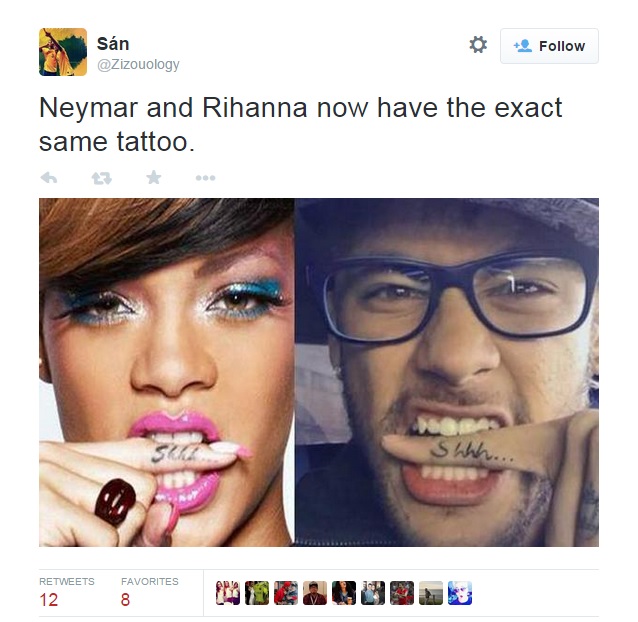 Nova tatuagem de Neymar foi ‘copiada’ de Rihanna Esporte