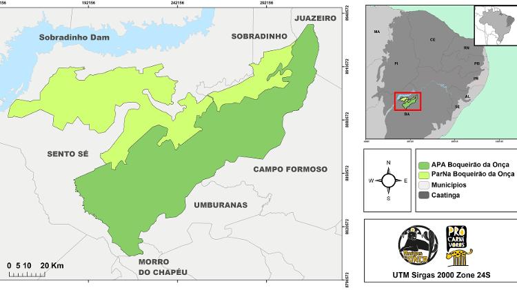 Mapa da área de Proteção Ambiental do Boqueirão da Onça (em verde) e do Parque Nacional homônimo (em amarelo). 