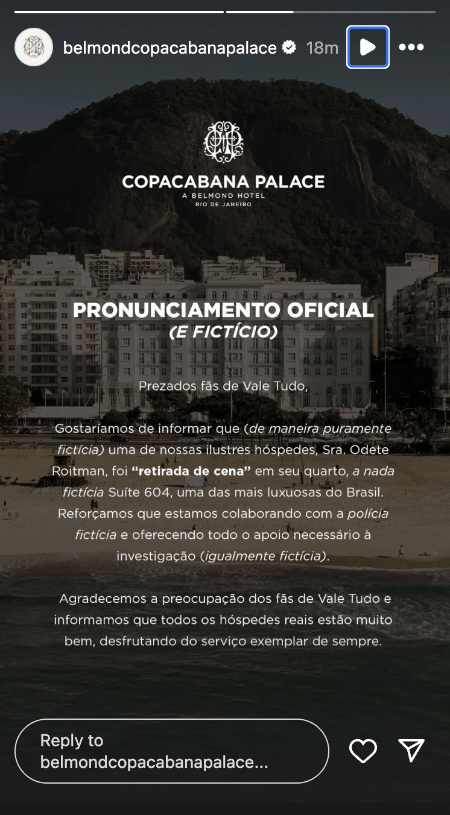 Morte de Odete Roitman no Copacabana Palace Reprodução/Instagram