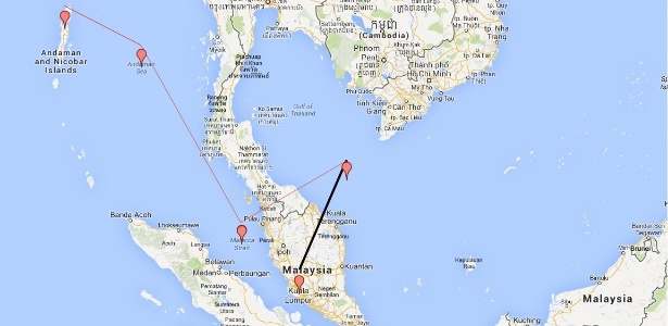 Mapa mostra o possível caminho feito pelo voo MH370, do avião da Malaysia Airlines, que está desaparecido