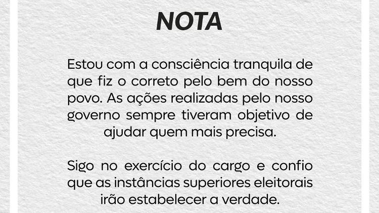 Nota publicada por Antonio Denarium em suas redes sociais