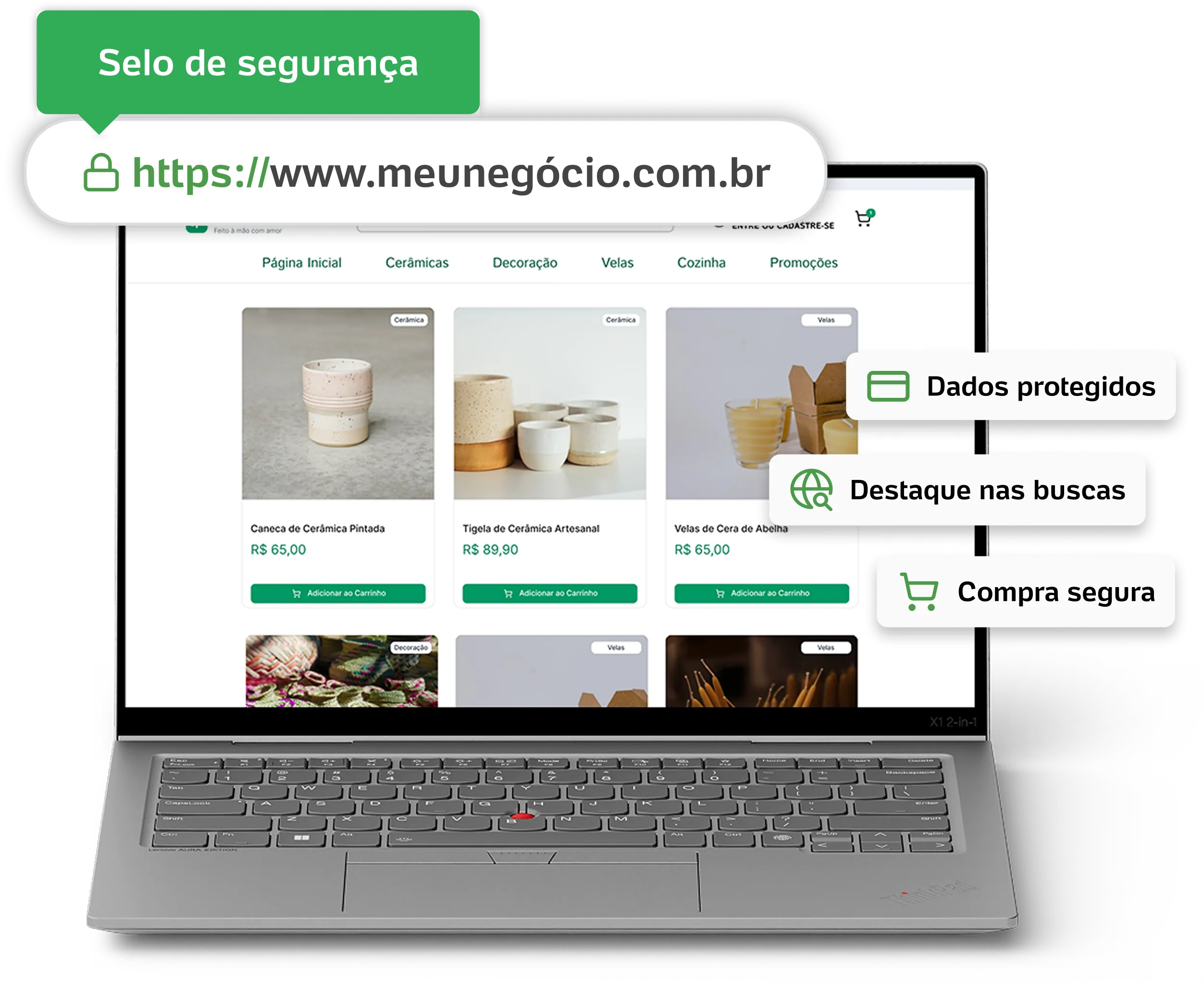 Ilustração mostrando os benefícios de um Selo de Segurança (Certificado SSL) para uma loja online. A imagem exibe um notebook com o cadeado e 'https' no endereço do site, e destaca que isso garante dados protegidos, destaque nas buscas e compra segura para os clientes.